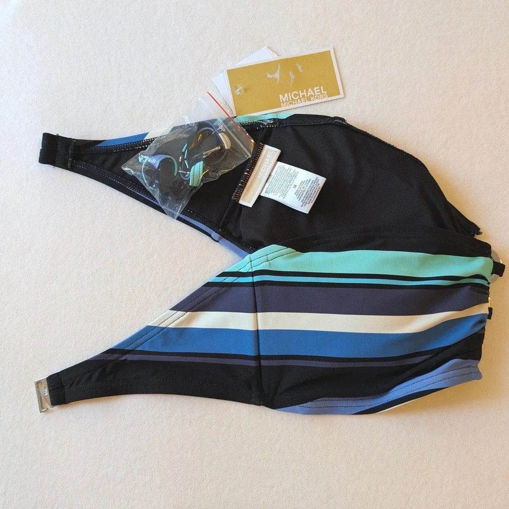 Michael Kors Striped Bandeau Bikini Top‎ Removable Halter Strap Blue Teal NWT M